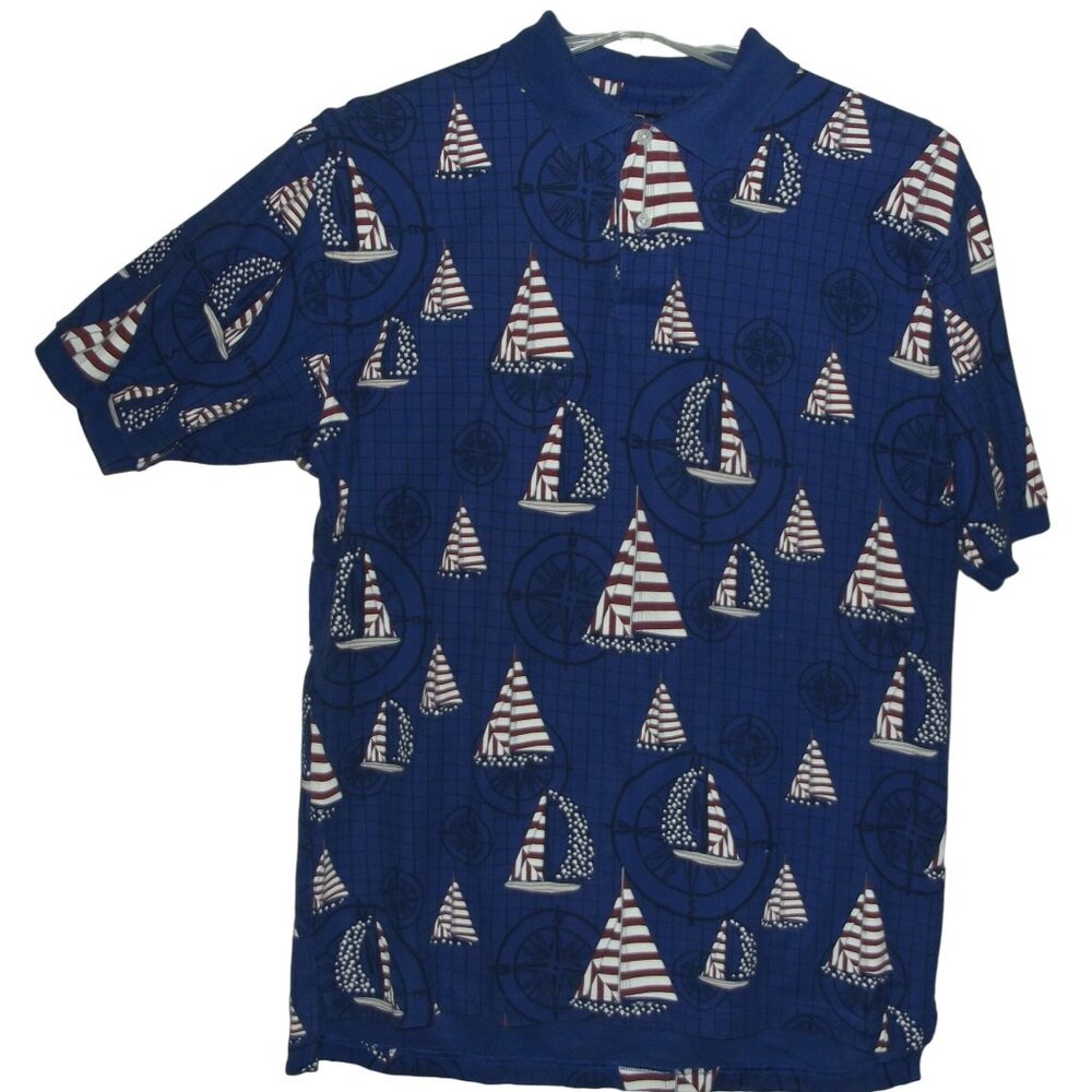 Croft &Barrow Sport Polo Shirt Mens Medium Sailboat American Flag Blue Patriotic